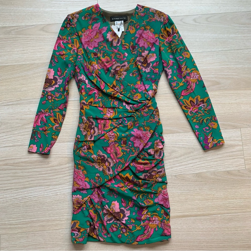 ETRO Paisley Long Sleeve Faux Wrap Ruched Dress Green 100% Silk Size 40 IT